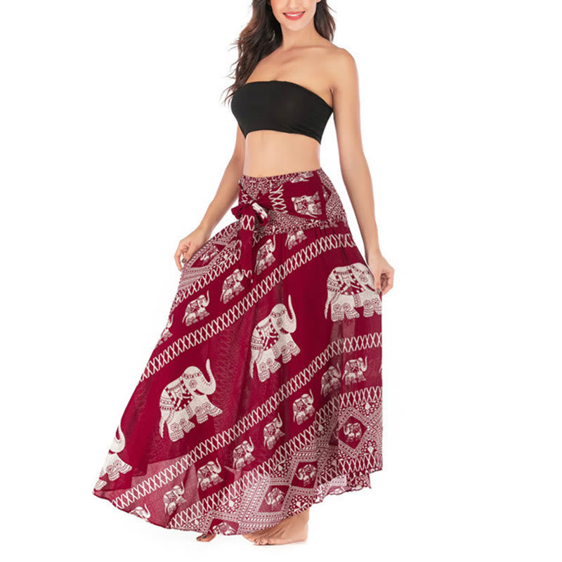 Buddha Stones Two Style Wear Bohemian Summer Elephant Lines Lace-up Skirt Dress