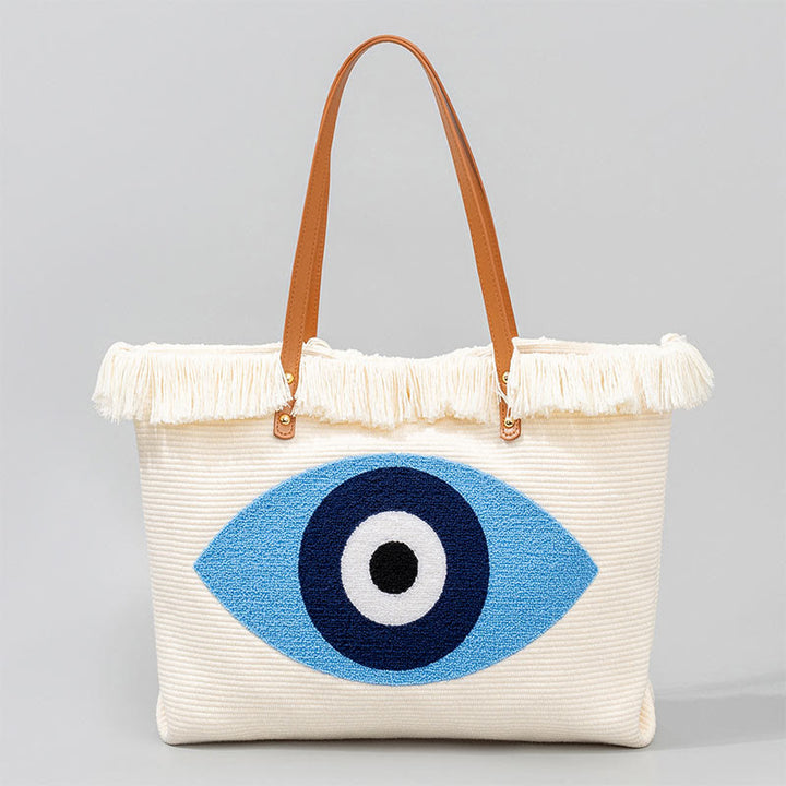 Buddha Stones Large Capacity Evil Eye Leaf Hamsa Tassel Canvas Tote Shoulder Bag