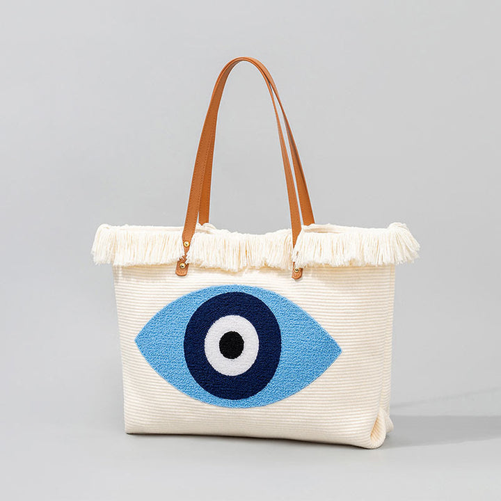 Buddha Stones Large Capacity Evil Eye Leaf Hamsa Tassel Canvas Tote Shoulder Bag