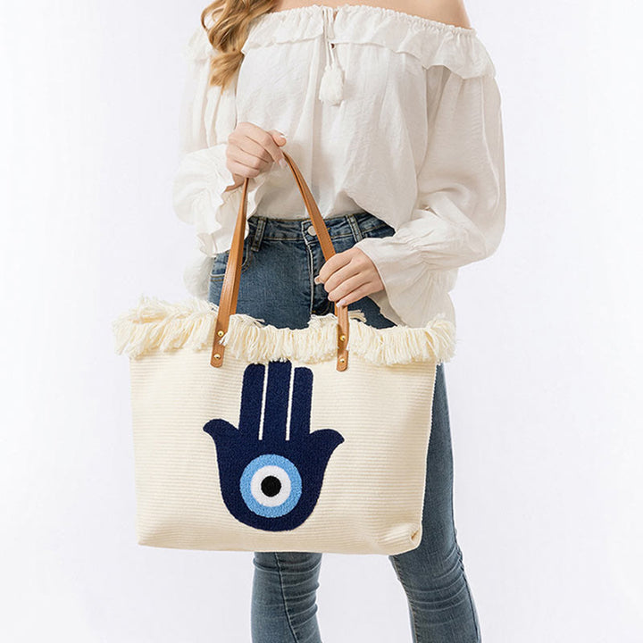 Buddha Stones Large Capacity Evil Eye Leaf Hamsa Tassel Canvas Tote Shoulder Bag