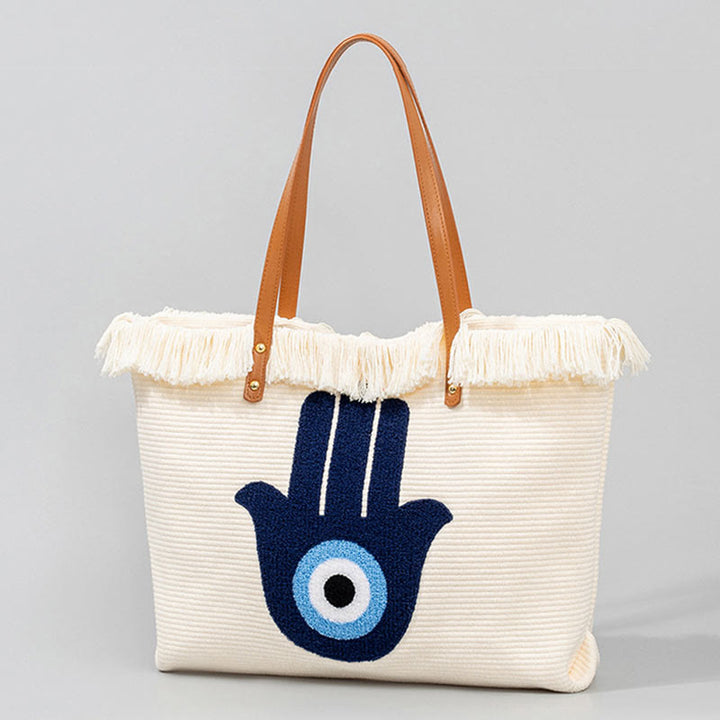 Buddha Stones Large Capacity Evil Eye Leaf Hamsa Tassel Canvas Tote Shoulder Bag