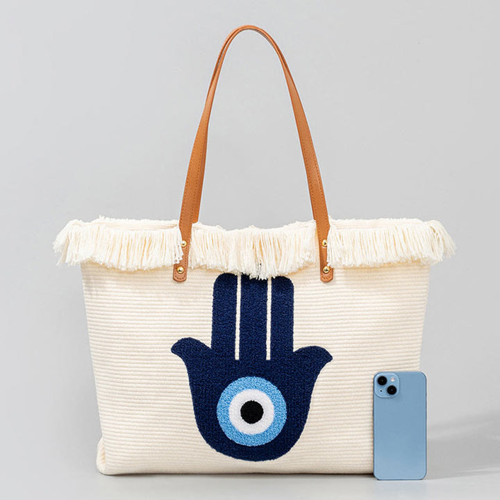 Buddha Stones Large Capacity Evil Eye Leaf Hamsa Tassel Canvas Tote Shoulder Bag