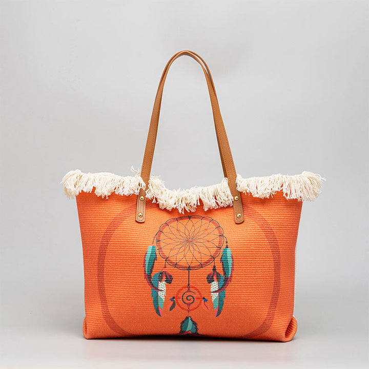 Buddha Stones Large Capacity Dreamcatcher Mandala Tassel Canvas Tote Shoulder Bag