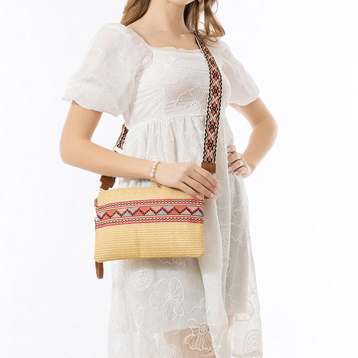 Buddha Stones Boho Colorful Geometry Straw Woven Crossbody Bag Shoulder Bag Handbag