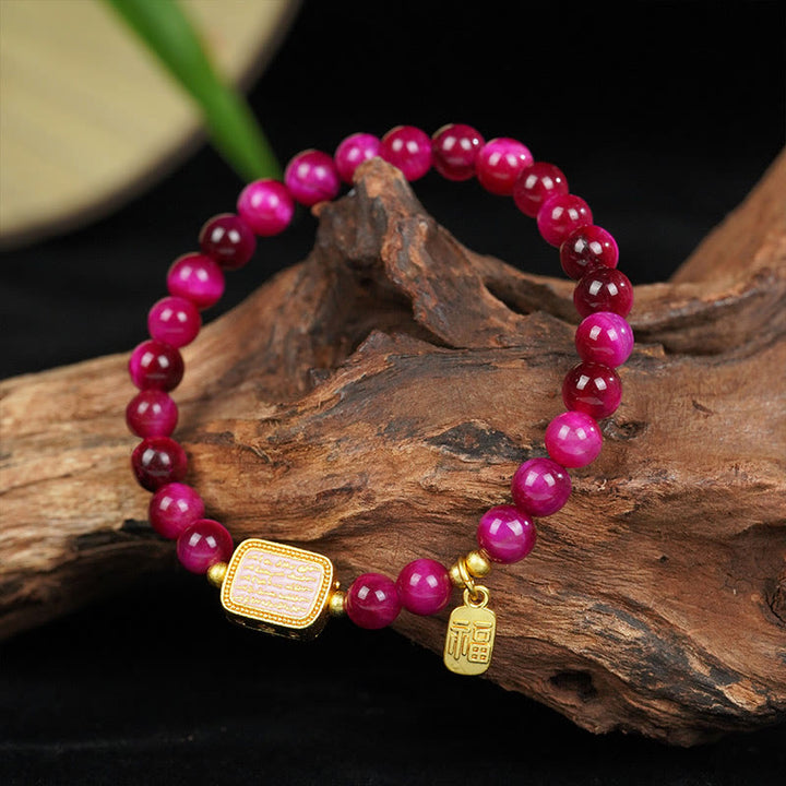 Buddha Stones Rose Red Tiger Eye Fu Character Courage Bracelet