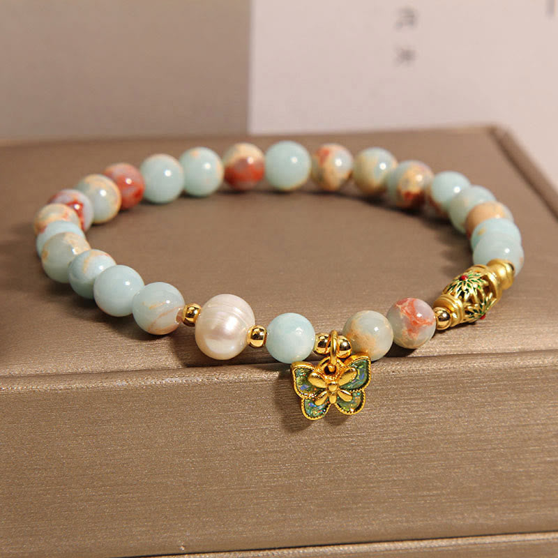 Buddha Stones Shoushan Stone Pearl Butterfly Wealth Bracelet