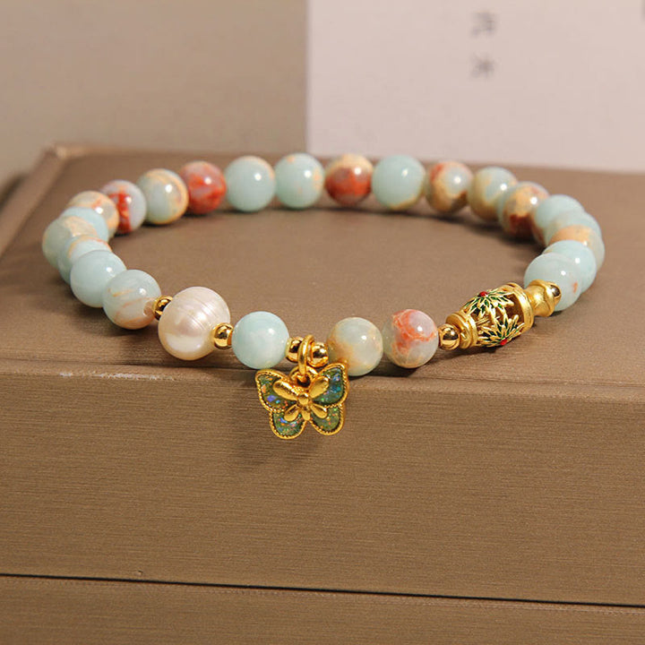 Buddha Stones Shoushan Stone Pearl Butterfly Wealth Bracelet