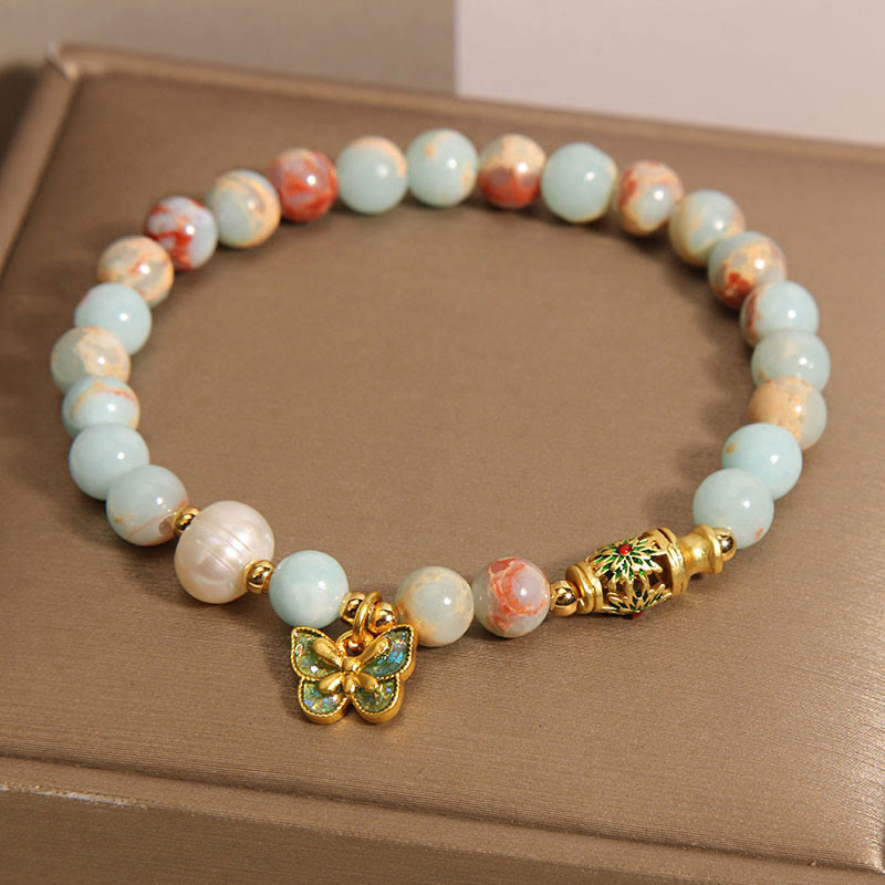 Buddha Stones Shoushan Stone Pearl Butterfly Wealth Bracelet