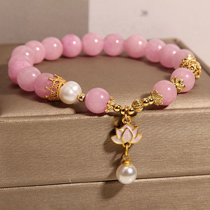 Buddha Stones Pink Jade Pearl Lotus Charm Harmony Bracelet