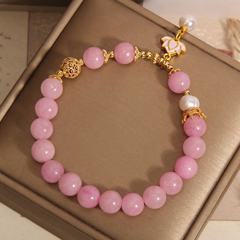 Buddha Stones Pink Jade Pearl Lotus Charm Harmony Bracelet