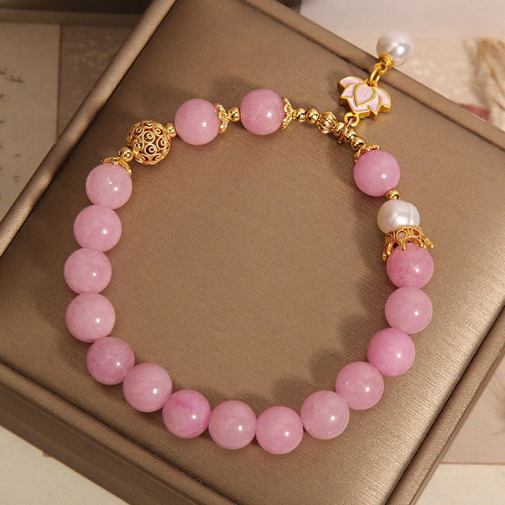 Buddha Stones Pink Quartzite Pearl Lotus Charm Harmony Bracelet - image 5
