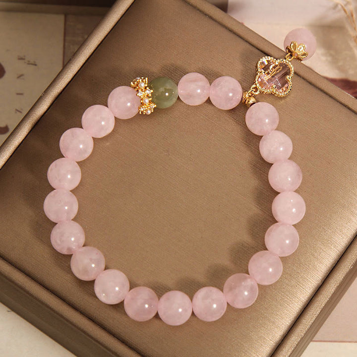 Buddha Stones Natural Pink Crystal Four Leaf Clover Soothing Bracelet