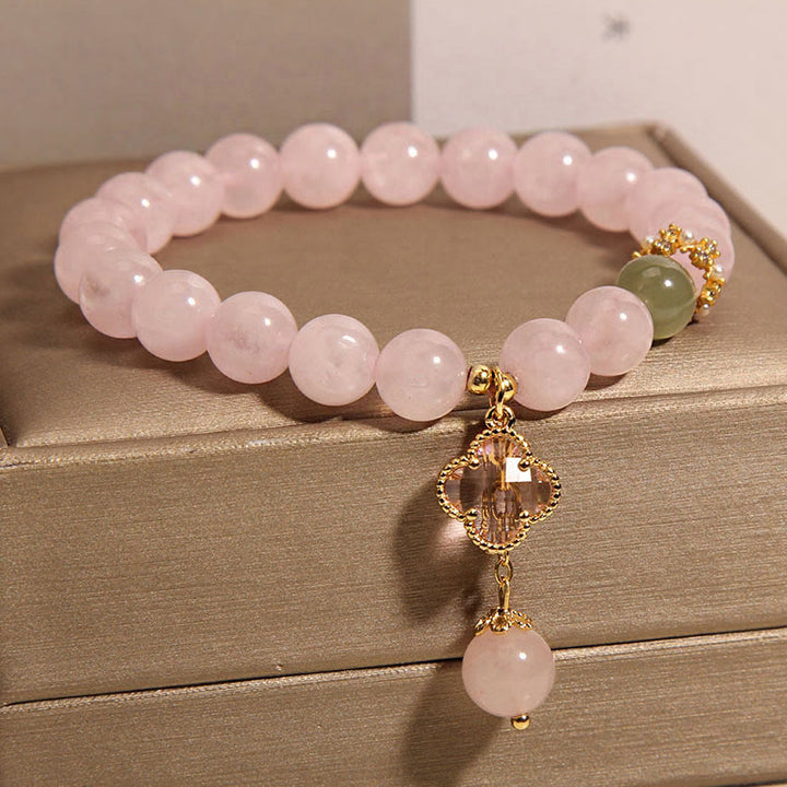 Buddha Stones Natural Pink Crystal Four Leaf Clover Soothing Bracelet