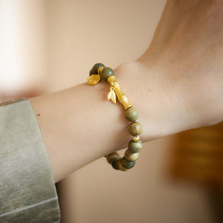 Buddha Stones Green Sandalwood Fu Character Bamboo Soothing Bracelet