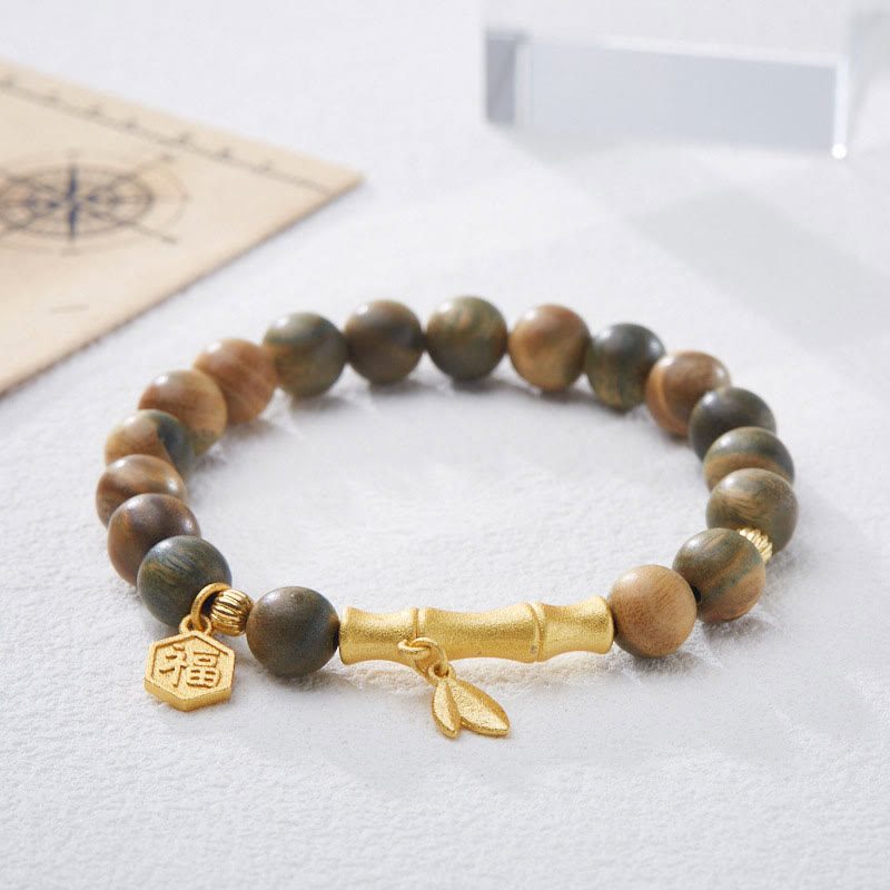 Buddha Stones Green Sandalwood Fu Character Bamboo Soothing Bracelet