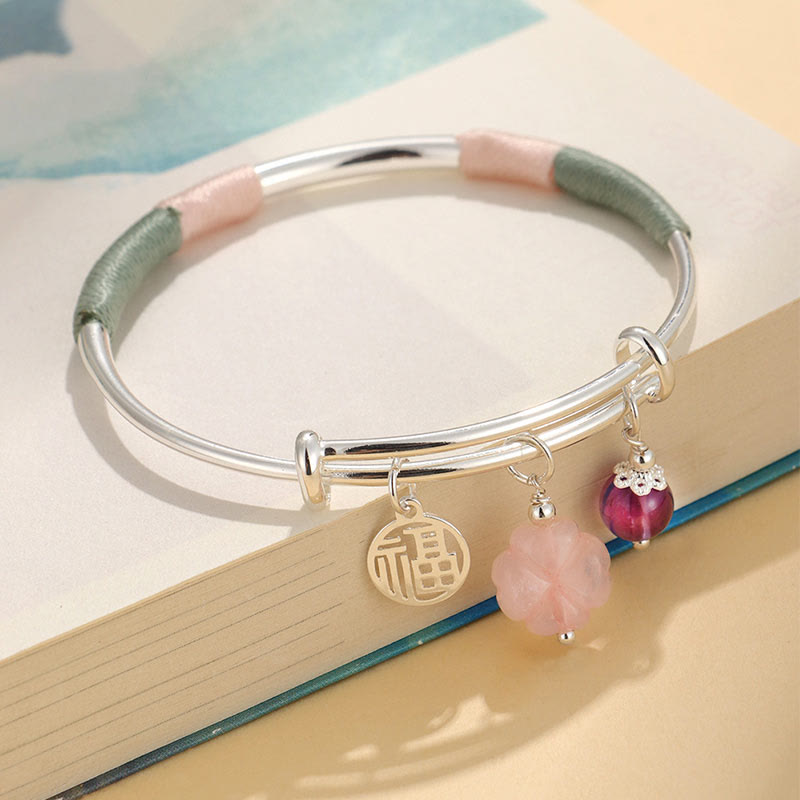 Buddha Stones Pink Crystal Peace Buckle Lucky Flower Love Bracelet Bangle