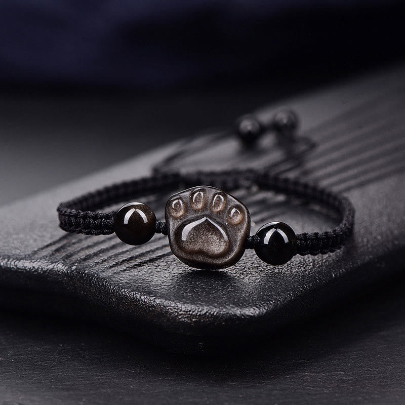 Buddha Stones Natural Silver Sheen Obsidian Gold Sheen Obsidian Cat Claw Soothing Braided Bracelet - Silver Sheen Obsidian(Wrist Circumference: 15-17cm) - Cat Claw Black String - image 2