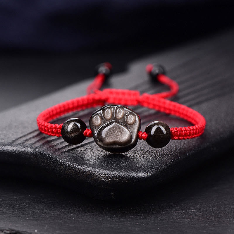 Buddha Stones Natural Silver Sheen Obsidian Gold Sheen Obsidian Cat Claw Soothing Braided Bracelet - Silver Sheen Obsidian(Wrist Circumference: 15-17cm) - Cat Claw Red String - image 1