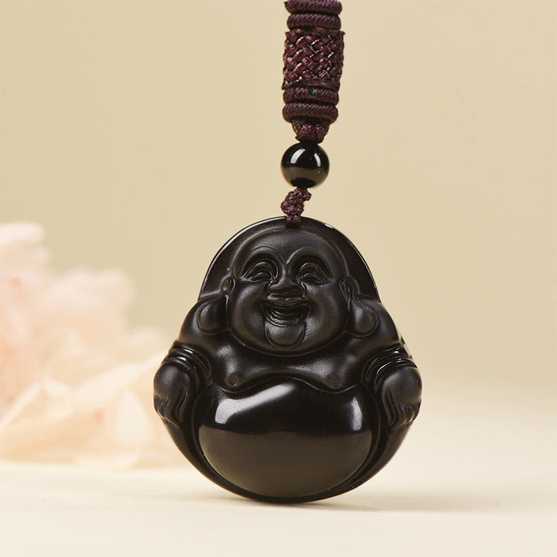 Buddha Stones Natural Black Obsidian Ice Obsidian Laughing Buddha Purification Necklace Pendant