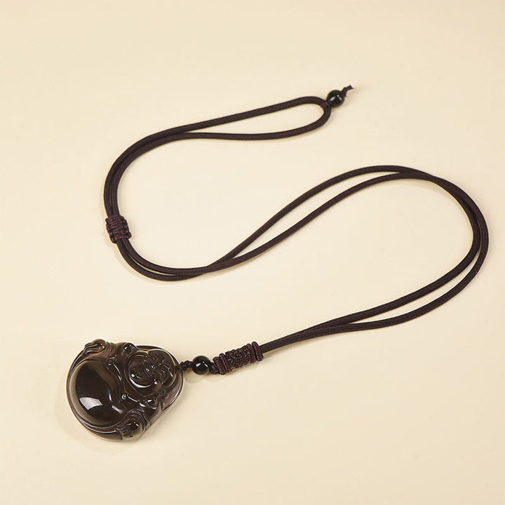 Buddha Stones Natural Black Obsidian Ice Obsidian Laughing Buddha Purification Necklace Pendant