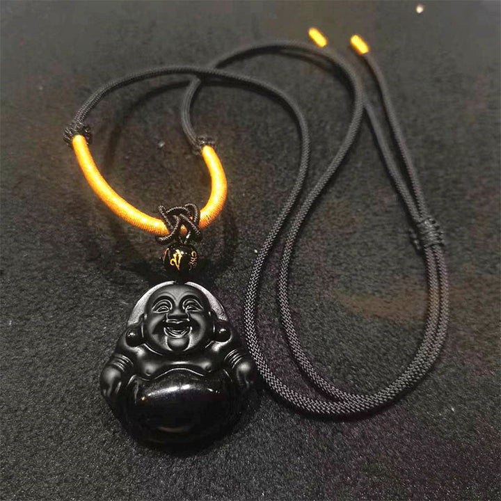 Buddha Stones Natural Black Obsidian Ice Obsidian Laughing Buddha Purification Necklace Pendant