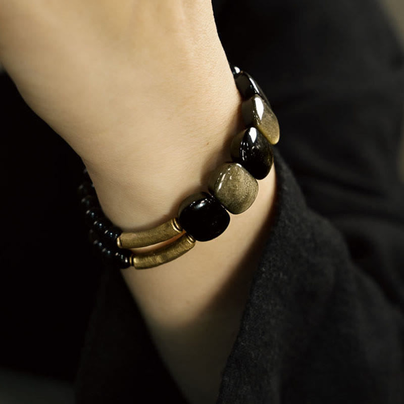 Buddha Stones Black Obsidian Gold Sheen Obsidian Strengthen Bracelet