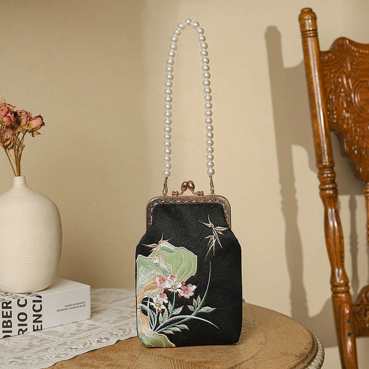 Buddha Stones Mountain Stone Orchid Pattern Pearl Chain Crossbody Bag Handbag