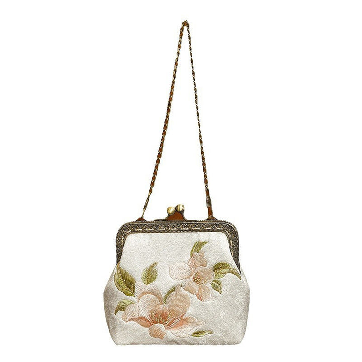 Buddha Stones Orchids Oriental Cherry Butterfly Embroidery Metal Handle Handbag