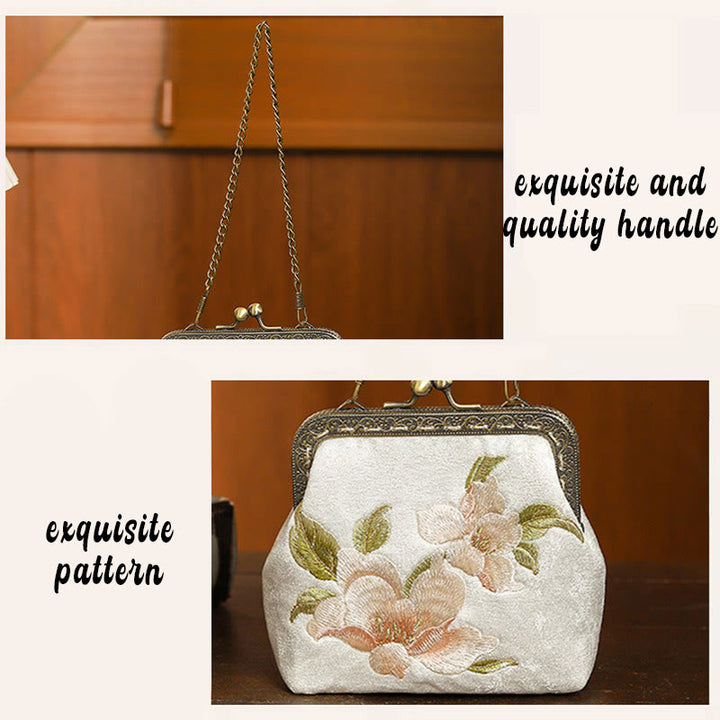 Buddha Stones Orchids Oriental Cherry Butterfly Embroidery Metal Handle Handbag