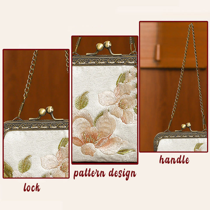 Buddha Stones Orchids Oriental Cherry Butterfly Embroidery Metal Handle Handbag