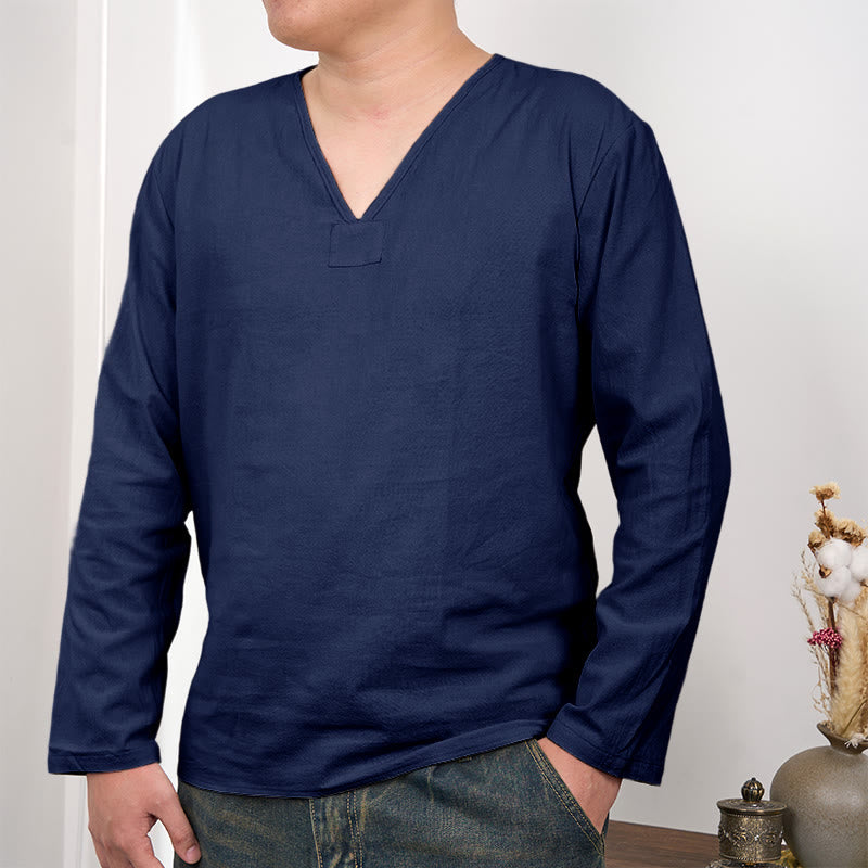 Buddha Stones Solid Color V-Neck Long Sleeve Cotton Linen Men's T-shirt - SteelBlue - US/UK/AU46，EU56 (3XL) - image 0