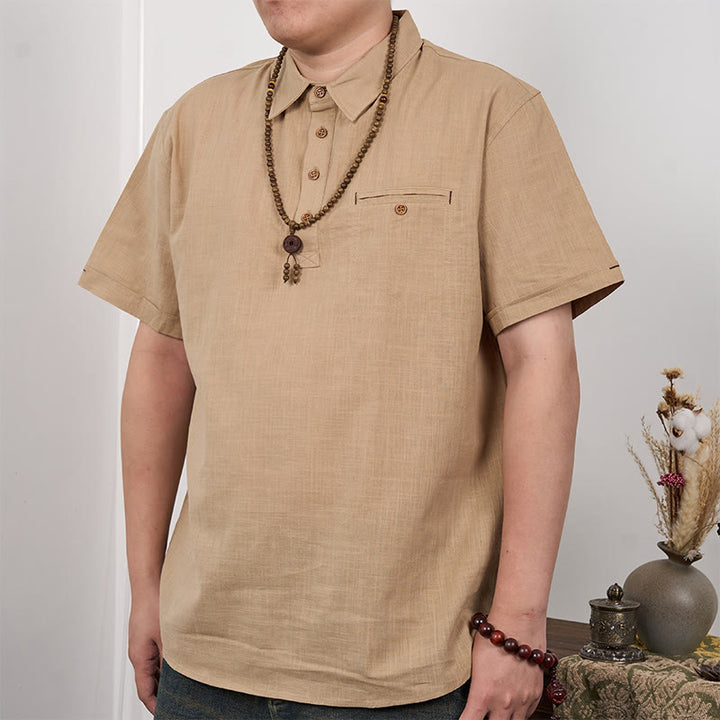 Buddha Stones Men's Solid Color Button Short Sleeve Cotton Linen Polo Shirt