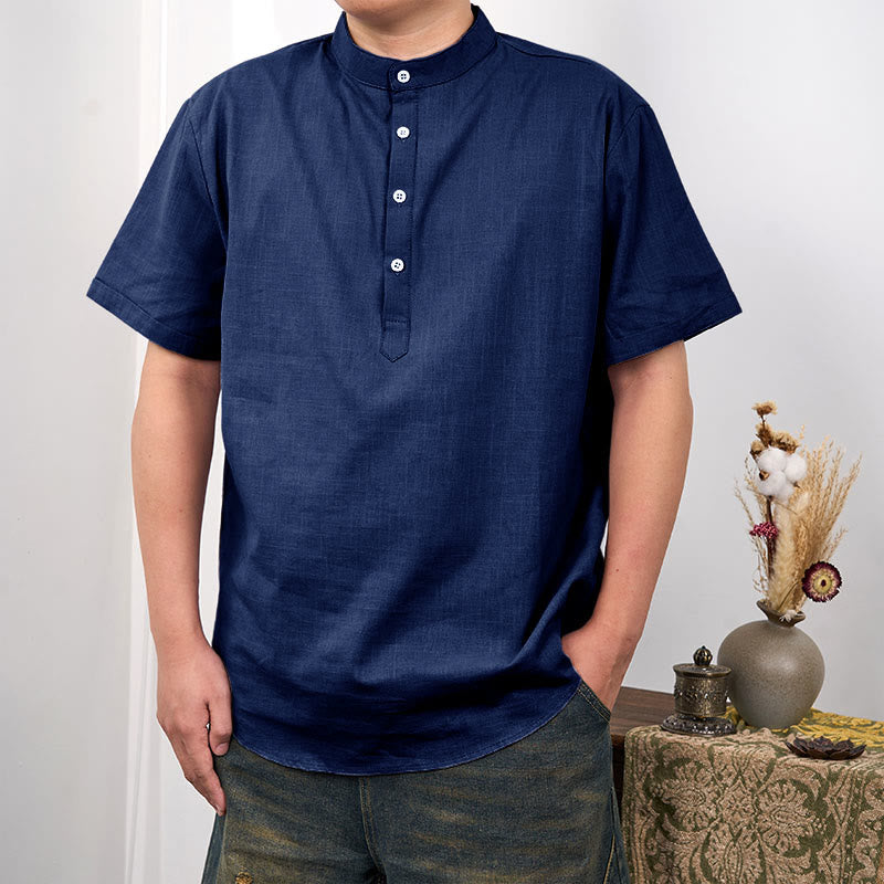 Buddha Stones Men's Plain Color Short Sleeve Half Button Cotton Linen Shirt