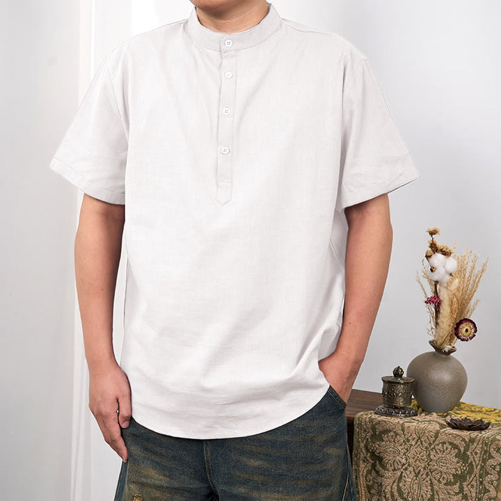 Buddha Stones Men's Plain Color Short Sleeve Half Button Cotton Linen Shirt