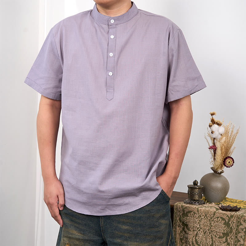 Buddha Stones Men's Plain Color Short Sleeve Half Button Cotton Linen Shirt - DarkGray - US/UK/AU44，EU54 (3XL) - image 7