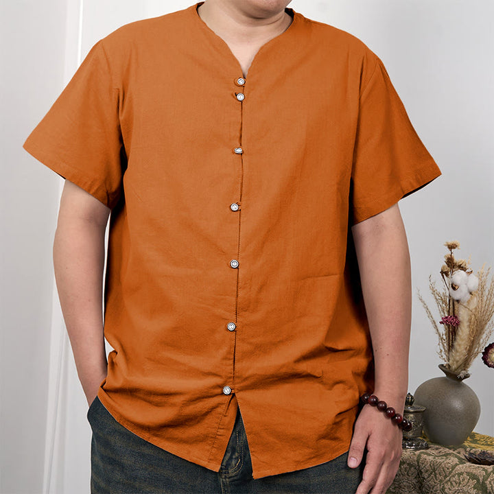 Buddha Stones Men's Short Sleeve Button Down Cotton Linen Shirt