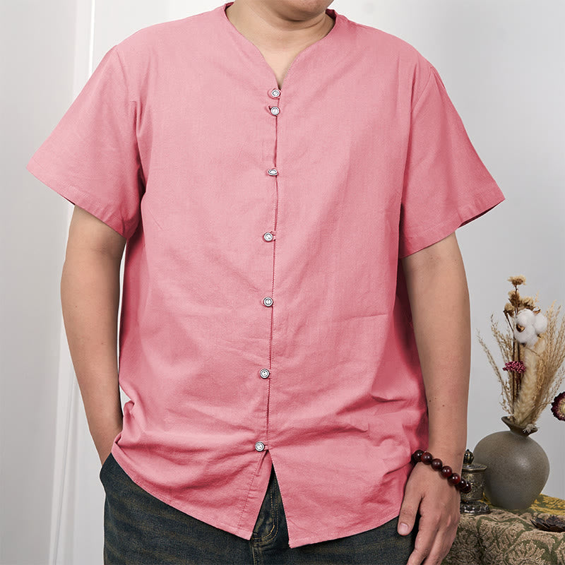 Buddha Stones Men's Short Sleeve Button Down Cotton Linen Shirt