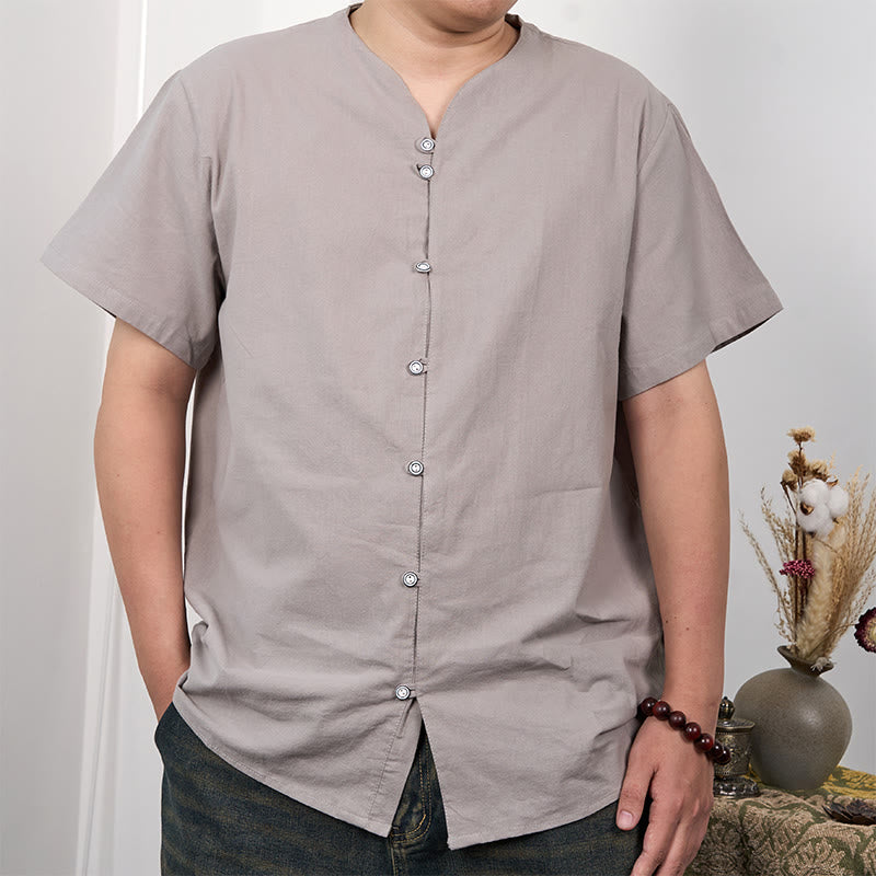 Buddha Stones Men's Short Sleeve Button Down Cotton Linen Shirt