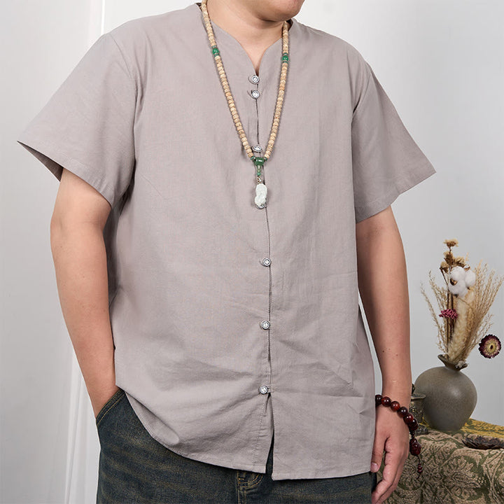 Buddha Stones Men's Short Sleeve Button Down Cotton Linen Shirt