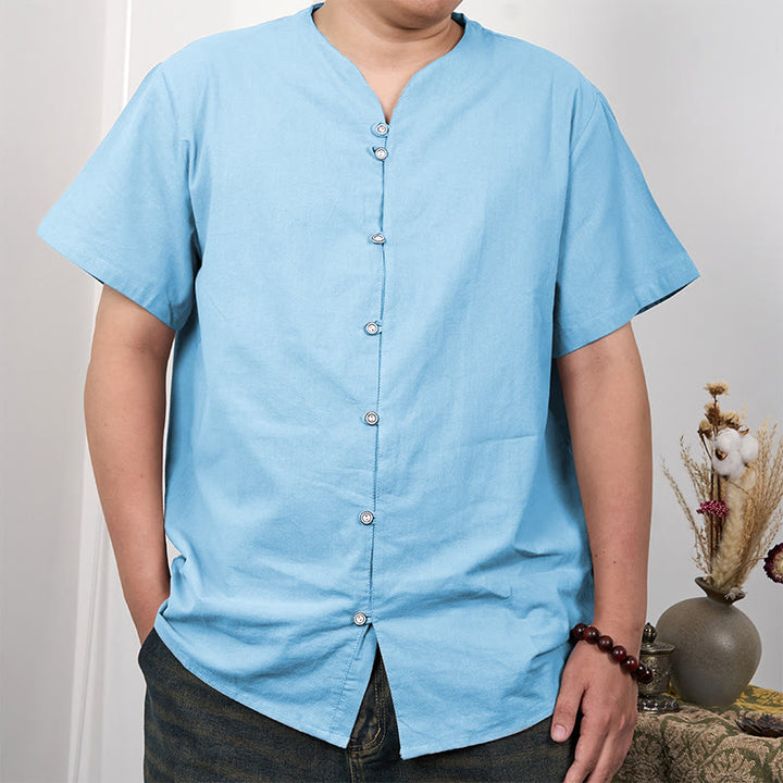 Buddha Stones Men's Short Sleeve Button Down Cotton Linen Shirt