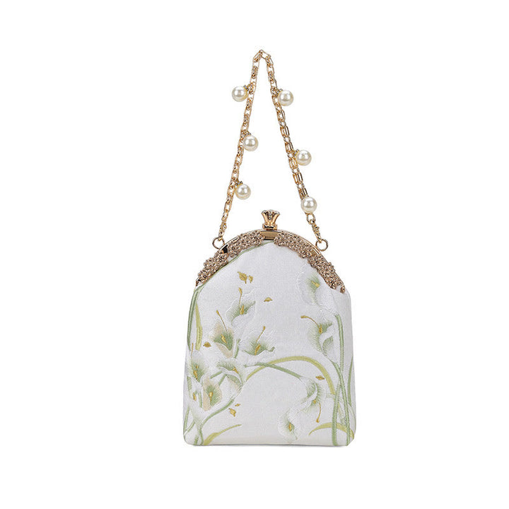 Buddha Stones Calla Embroidery Metal Handle Handbag Crossbody Bag