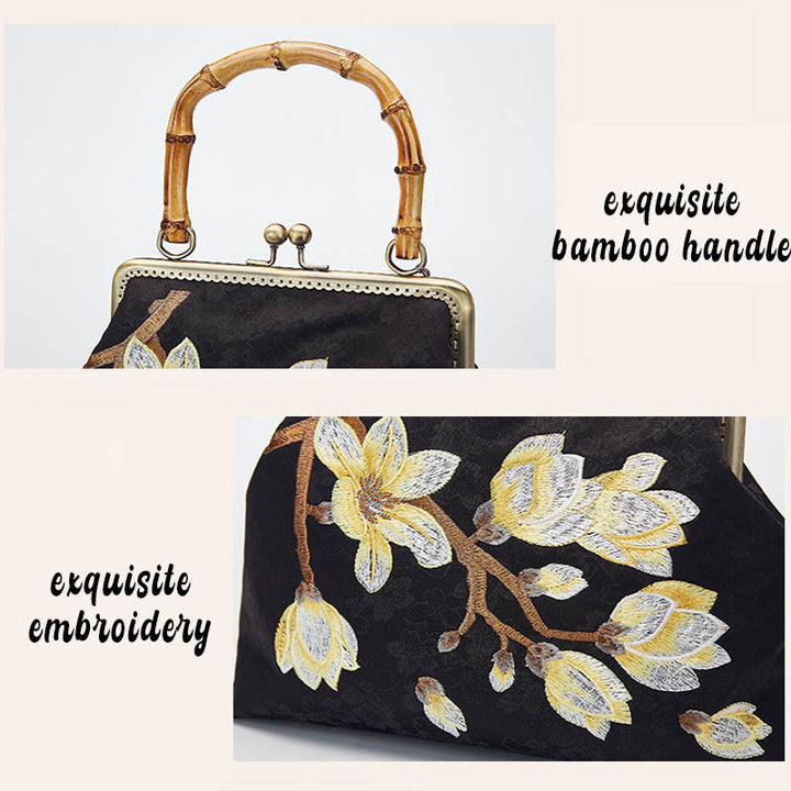 Buddha Stones Plum Blossom Embroidery Bamboo Handle Handbag Crossbody Bag