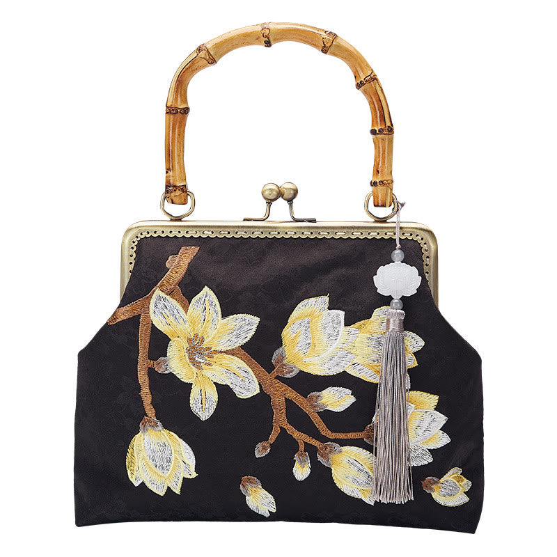 Buddha Stones Plum Blossom Embroidery Bamboo Handle Handbag Crossbody Bag