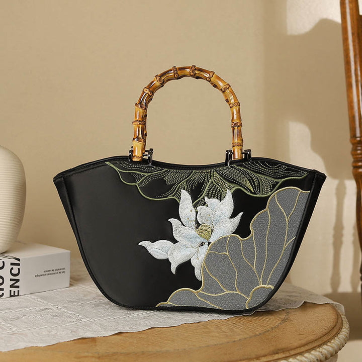 Buddha Stones Lotus Embroidery Bamboo Handle Handbag