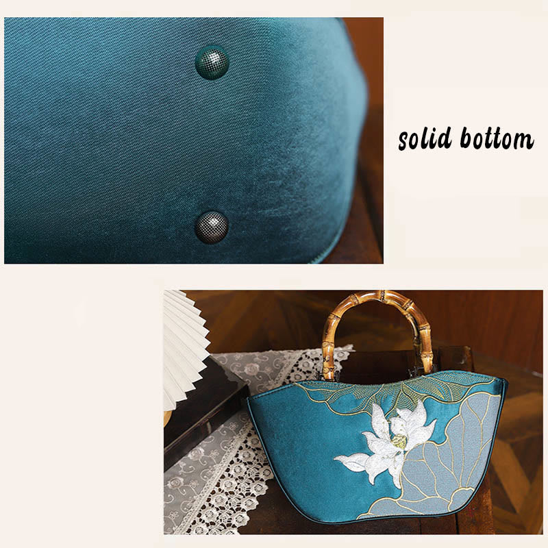 Buddha Stones Lotus Embroidery Bamboo Handle Handbag