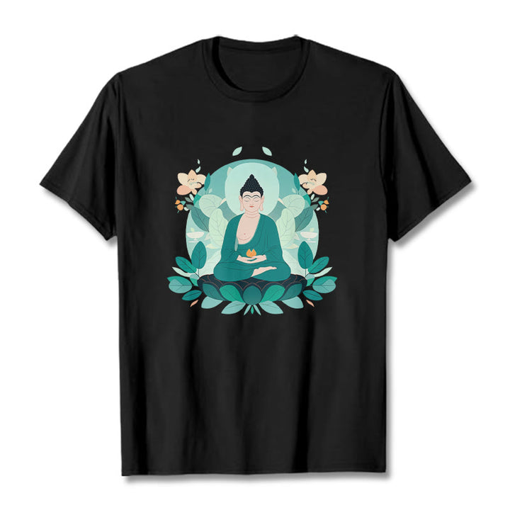 Buddha Stones Close Eyes Green Leaf Buddha Tee T-shirt