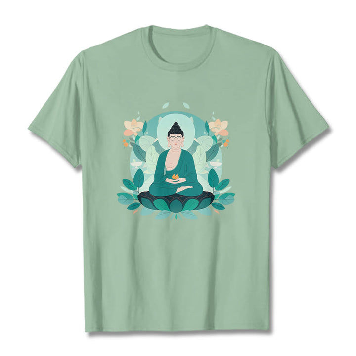 Buddha Stones Close Eyes Green Leaf Buddha Tee T-shirt