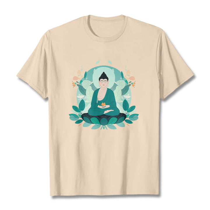 Buddha Stones Close Eyes Green Leaf Buddha Tee T-shirt