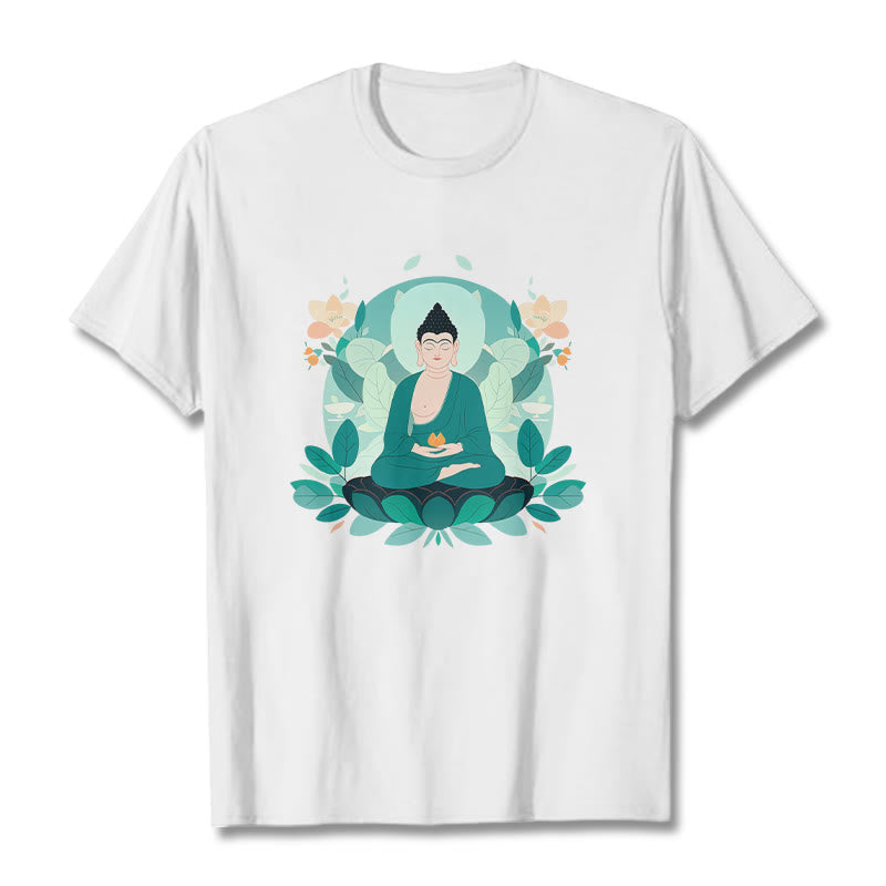 Buddha Stones Close Eyes Green Leaf Buddha Tee T-shirt - White - 2XL - image 3