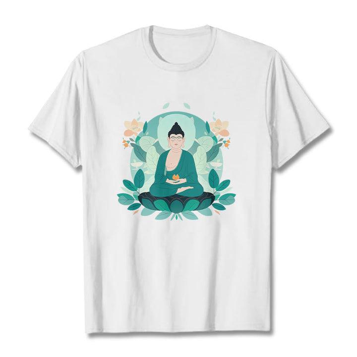 Buddha Stones Close Eyes Green Leaf Buddha Tee T-shirt - White - 2XL - image 3